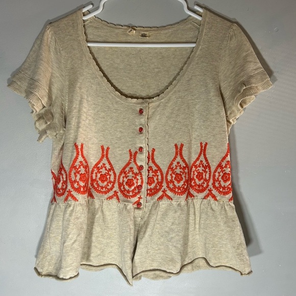 Moth Anthropologie Fanning Flames Short Sleeve Embroidered Sweater Top - Picture 2 of 9